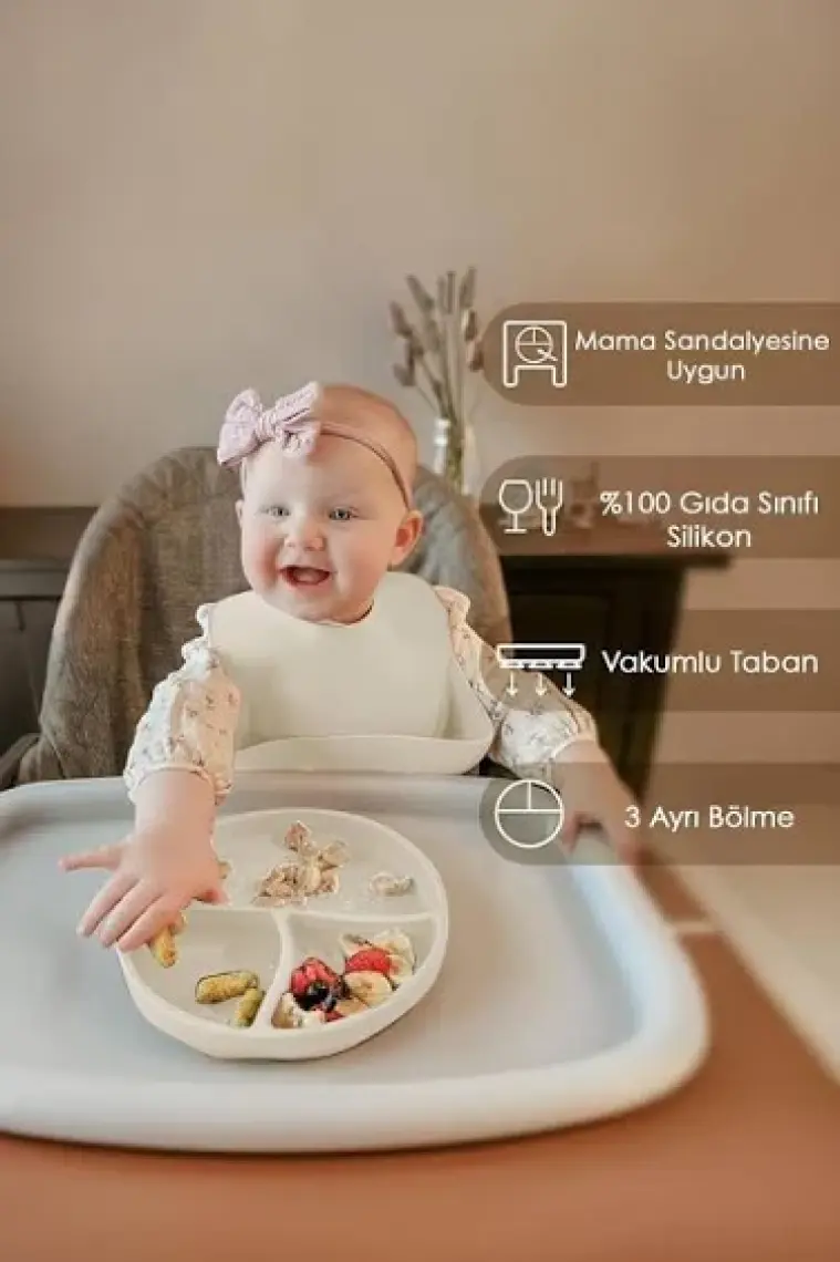 Meleni Baby 2'li Silikon Bebek Beslenme Seti - Vakum Tabanlı Mama Tabağı Ayarlanabilir Mama Önlüğü