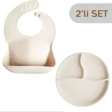 Meleni Baby 2'li Silikon Bebek Beslenme Seti - Vakum Tabanlı Mama Tabağı Ayarlanabilir Mama Önlüğü