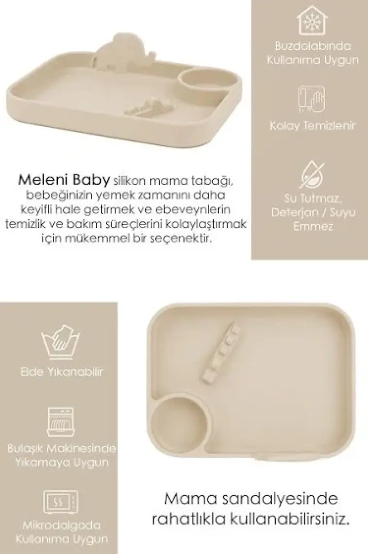 Meleni Baby 2'li Silikon Beslenme Seti ,3 Bölmeli Silikon Beslenme Tabağı-Silikon Diş Kaşıyıcı Özellikli  Kaşık