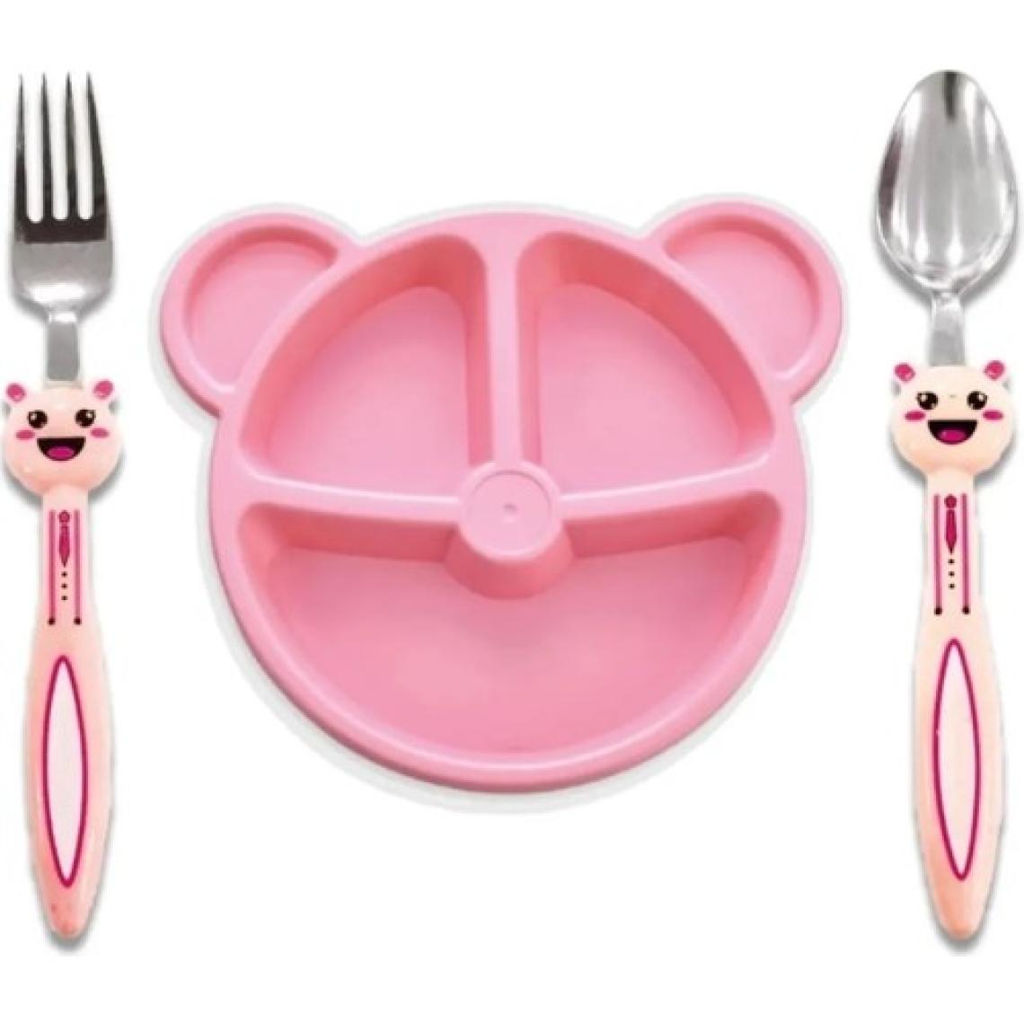 Mor Bebe Baby 3 Parça Tavşan Figürlü Çocuk Çatal Kaşık ve Mama Tabağı Seti (Pembe )