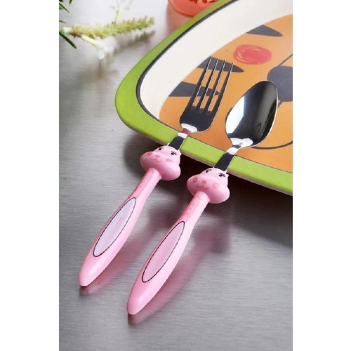 Mor Bebe Baby 3 Parça Tavşan Figürlü Çocuk Çatal Kaşık ve Mama Tabağı Seti (Pembe )