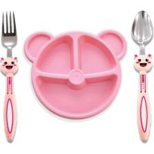 Mor Bebe Baby 3 Parça Tavşan Figürlü Çocuk Çatal Kaşık ve Mama Tabağı Seti (Pembe )