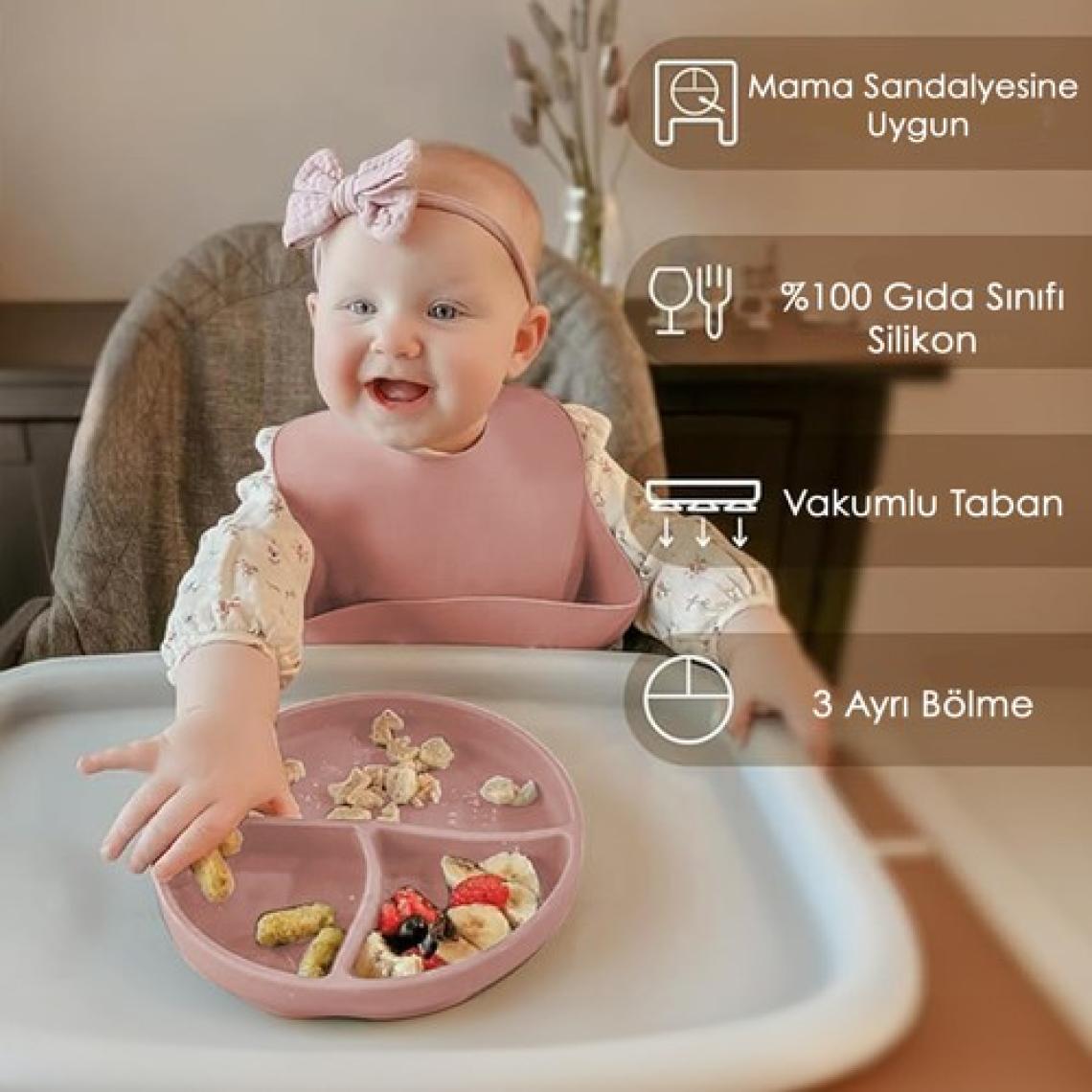 Meleni Baby 3'lü Silikon Beslenme Seti - Silikon Mama Önlüğü Diş Kaşıyıcılı Kaşık Vakum Tabanlı Tabak