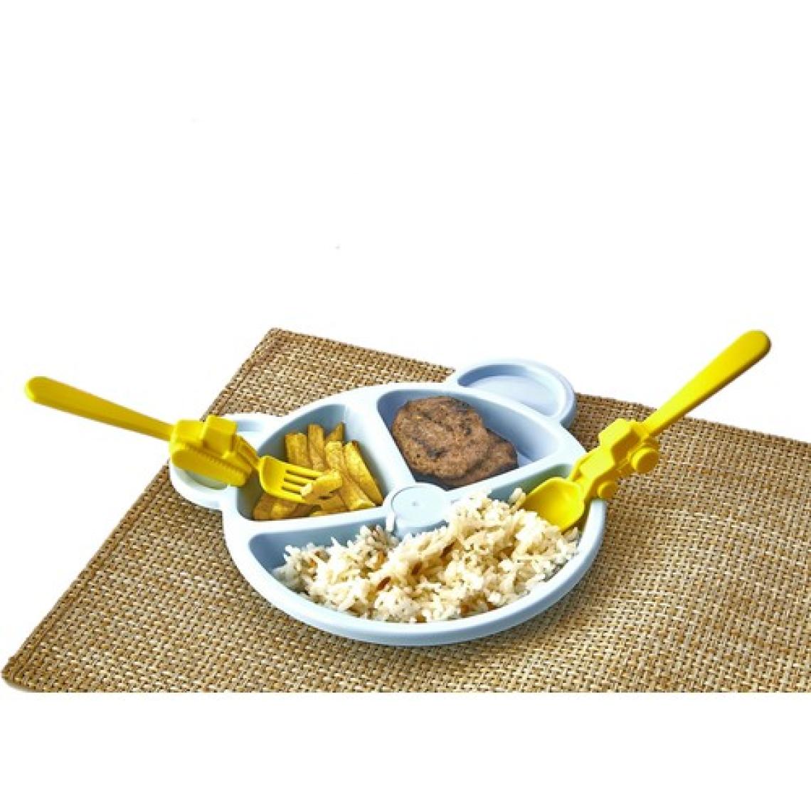 Alin Kitchen Alinkitchen  Mama ve Yemek Seti, Ayıcık Mavi Tabak, Sarı Çatal Kaşık,3lü Set
