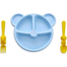 Alin Kitchen Alinkitchen  Mama ve Yemek Seti, Ayıcık Mavi Tabak, Sarı Çatal Kaşık,3lü Set