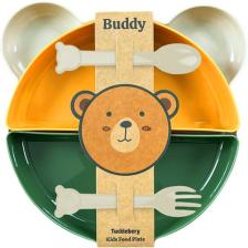 Tucklebery Buddy Mama Tabağı Seti, 1 Ayıcık Tabak + 4 Kase + Çatal-Kaşık, Bebek ve Çocuklar İçin Yemek Takımı, BPA İçermez (Bej Sarı Yeşil)