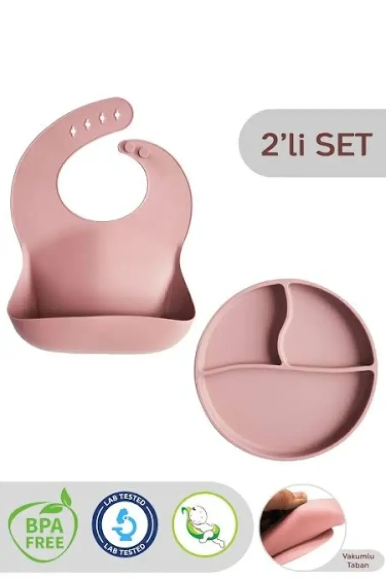 Meleni Baby 2'li Silikon Bebek Beslenme Seti - Vakum Tabanlı Mama Tabağı Ayarlanabilir Mama Önlüğü