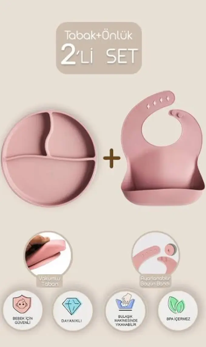 Meleni Baby 2'li Silikon Bebek Beslenme Seti - Vakum Tabanlı Mama Tabağı Ayarlanabilir Mama Önlüğü