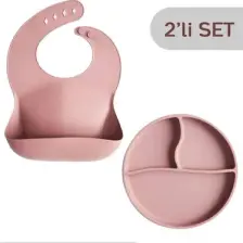Meleni Baby 2'li Silikon Bebek Beslenme Seti - Vakum Tabanlı Mama Tabağı Ayarlanabilir Mama Önlüğü