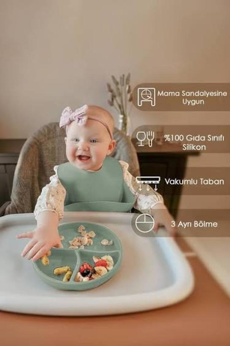 Meleni Baby 4'lü Silikon Beslenme Seti - Silikon Mama Önlüğü Kulplu Bardak Mama Kaşığı Vakum Tabanlı Tabak