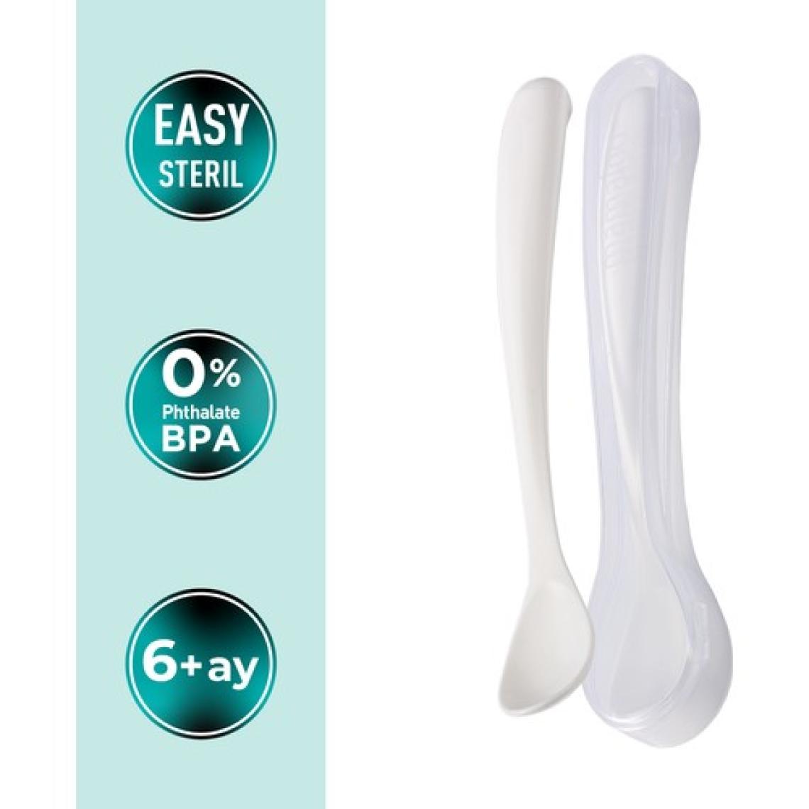 Mamajoo Ergonomik Beslenme Mama Kaşığı & Saklama Kutusu, Beyaz, İkili Set