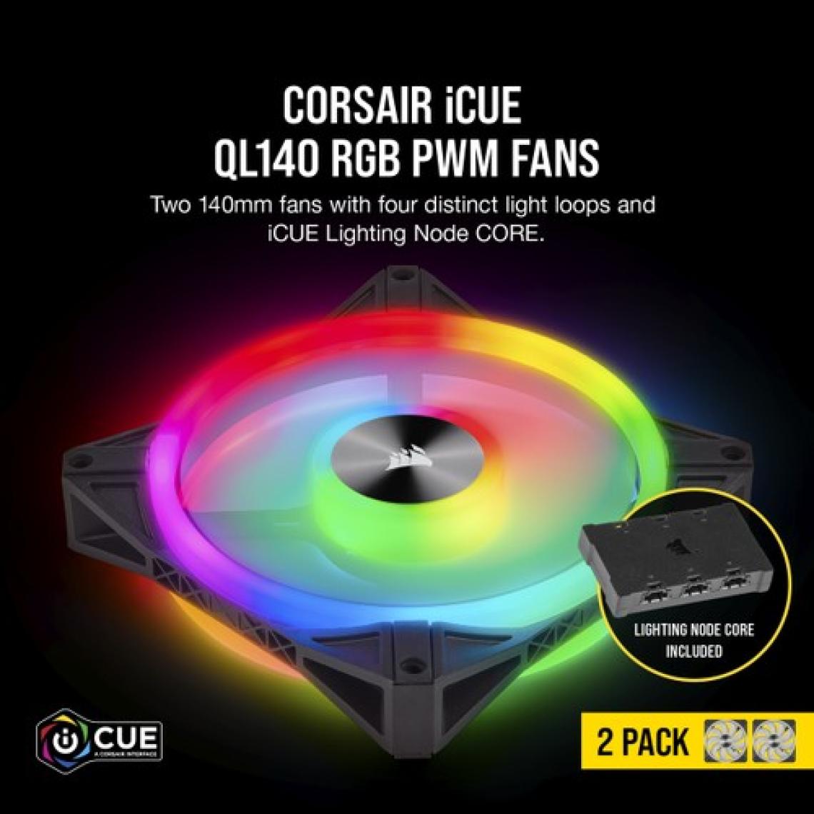 CORSAIR CO-9050100-WW İCUE QL140 RGB 140 MM DÖRT RGB RENK DÖNGÜLÜ PWM FAN, LİGHTİNG NODE CORE KONTROLCÜ İLE BİRLİKTE, 2'Lİ PAKET