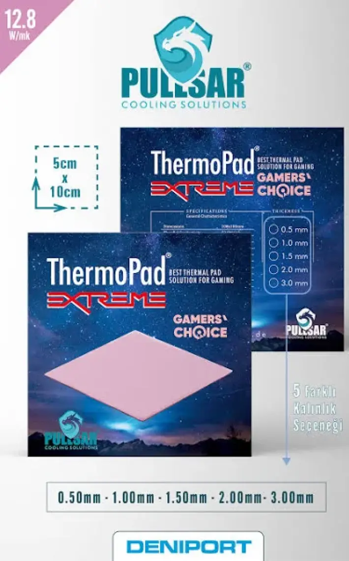Pullsar Thermopad Extreme - 100x50 mm | 1,0 mm Kalınlık | 12,8 W/m-K İletkenlik ile Bilgisayarınız İçin Güçlü Soğutma Çözümü!