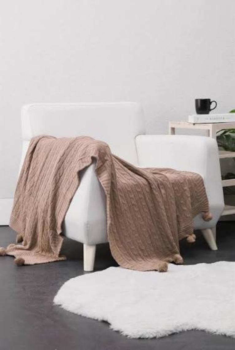 Biocotton Triko Ponponlu Örgü Tv Battaniyesi - Vizon