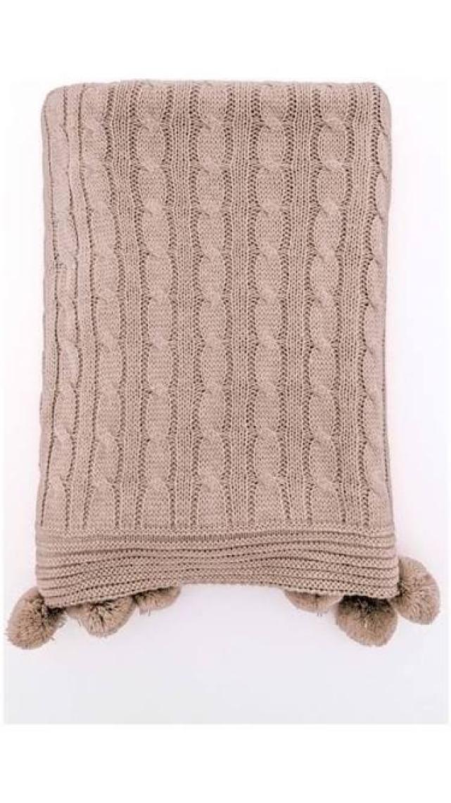 Biocotton Triko Ponponlu Örgü Tv Battaniyesi - Vizon
