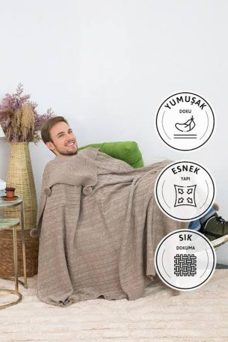 Biocotton Triko Ponponlu Örgü Tv Battaniyesi - Vizon