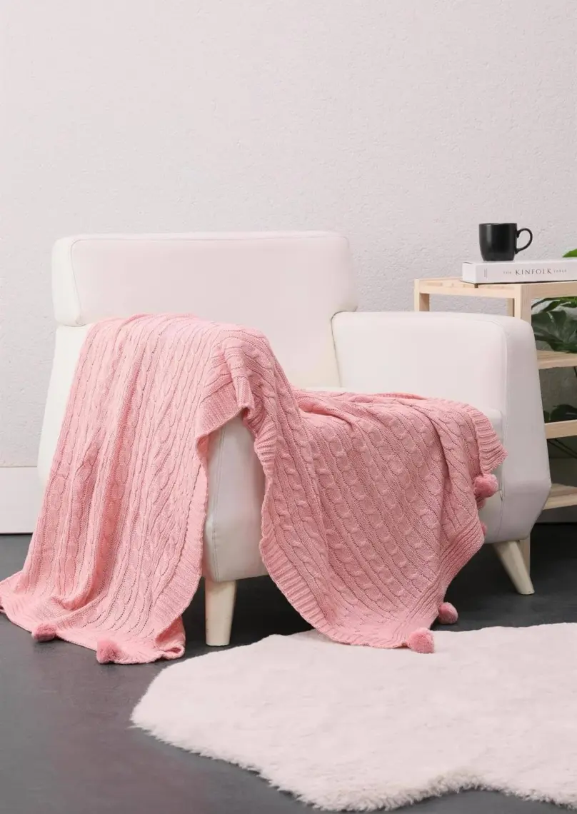 Biocotton Triko Ponponlu Örgü Tv Battaniyesi - Kahverengi