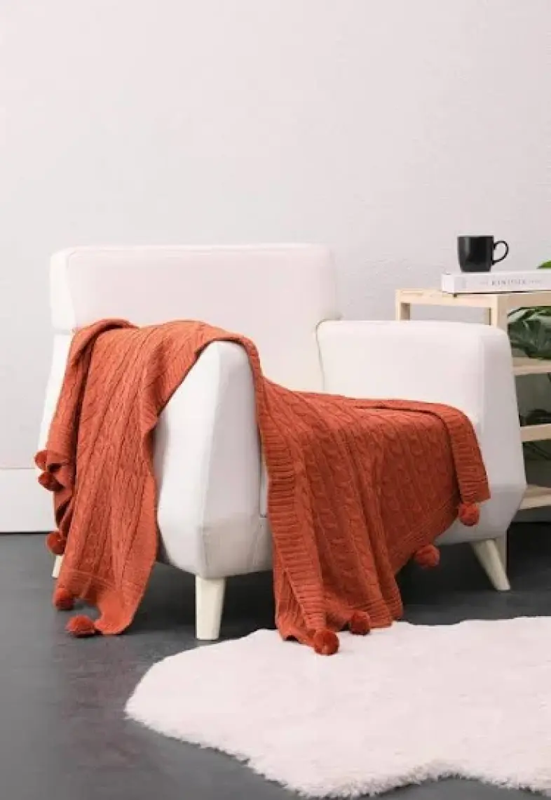 Biocotton Triko Ponponlu Örgü Tv Battaniyesi - Kiremit