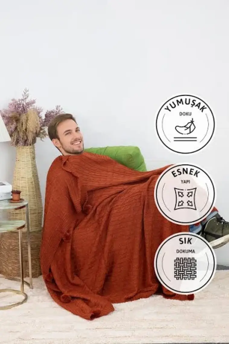Biocotton Triko Ponponlu Örgü Tv Battaniyesi - Kiremit