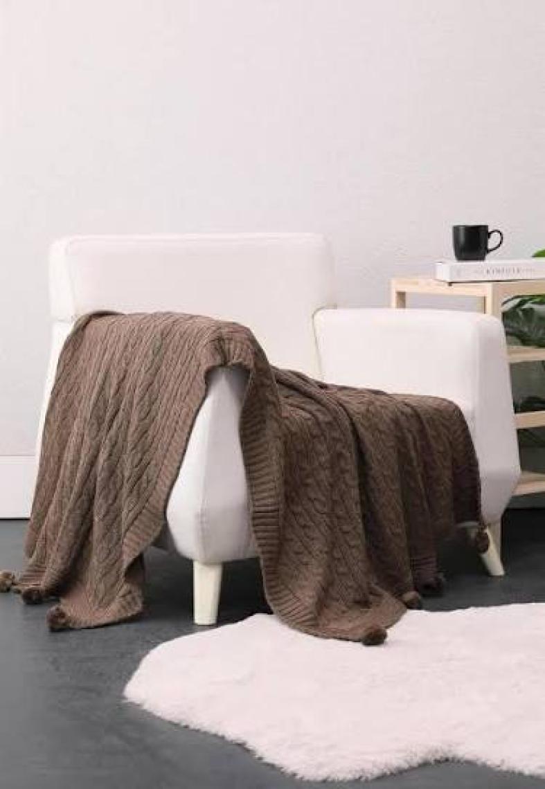 Biocotton Triko Ponponlu Örgü Tv Battaniyesi - Kahverengi