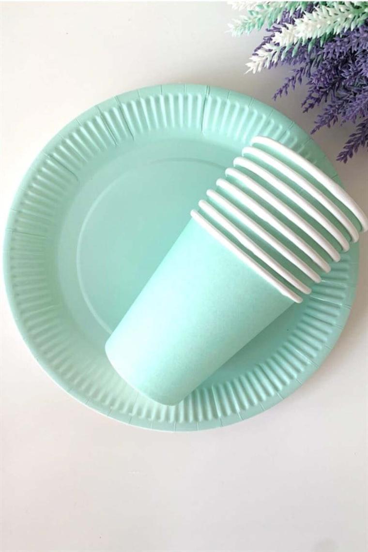 Yeşil Makaron Pastel Karton Tabak Bardak Set 8 Li