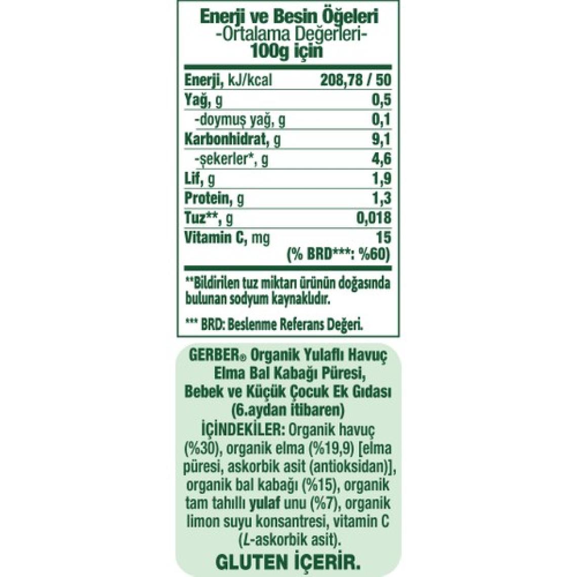 Gerber Organik Yulaflı Elma Havuç ve Balkabaklı Püre 110 gr