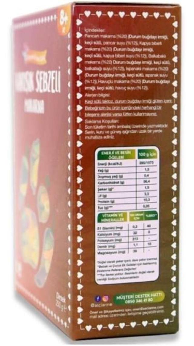Aşçı Anne Keçi Sütlü Karışık Sebzeli Dirsek Makarna 250 g – 8 Ay Üzeri Bebekler İçin, Demir ve Vitamin Kaynağı, Yerli Üretim