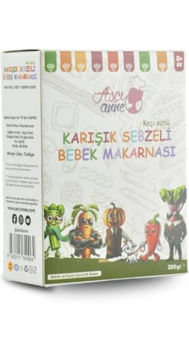 Aşçı Anne Keçi Sütlü Karışık Sebzeli Dirsek Makarna 250 g – 8 Ay Üzeri Bebekler İçin, Demir ve Vitamin Kaynağı, Yerli Üretim