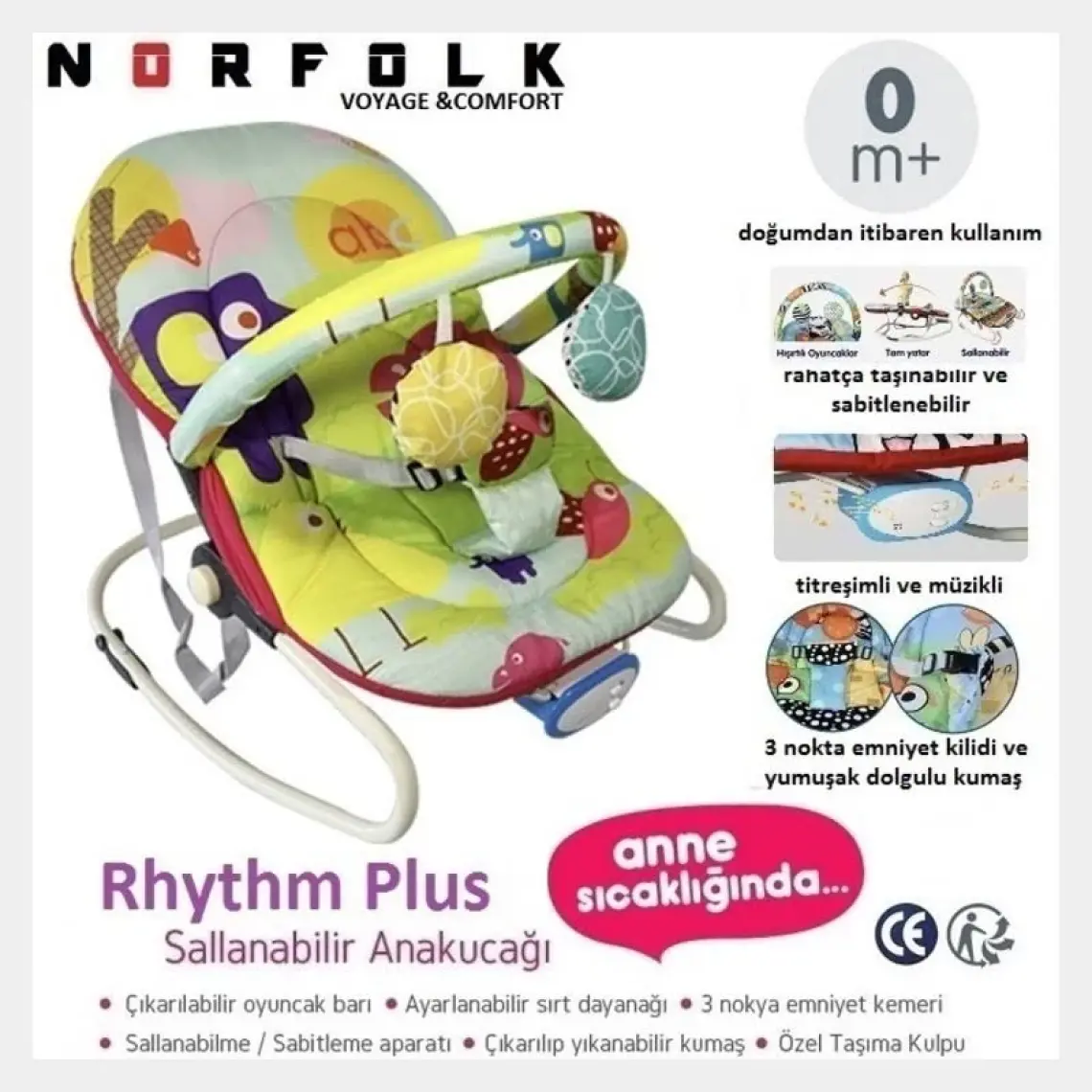 Norfolk Rhythm Titreşimli ve Müzikli Ev Tipi Ana Kucağı - Tam Yatarlı - Kademeli Sırt Ayarı - Orman Hayvanları Pembe
