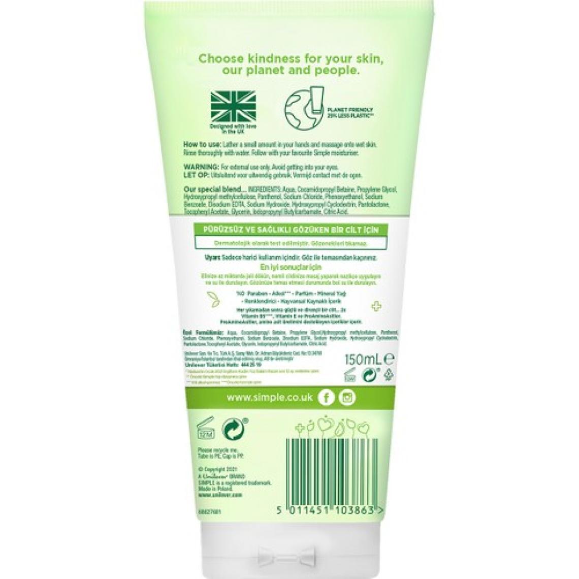Simple Kind to Skin Ferahlatıcı Yüz Temizleme Jeli B5+E Vitamini Pürüzsüz Ve Sağlıklı Gözüken Bir Cilt İçin 150 ml