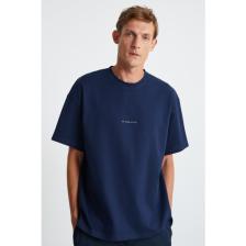 Rıver Erkek Oversize Fit Bol Kesim Nakış Işlemeli Basic Örme Lacivert T-shirt