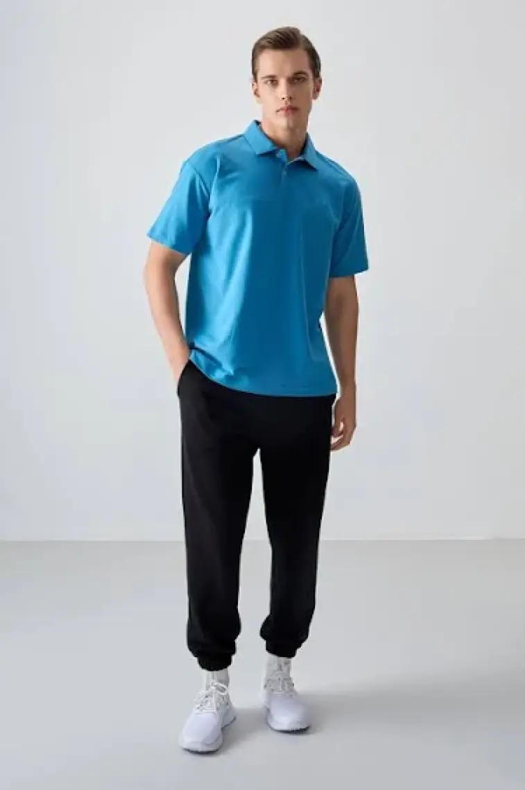 Air Jones Siyah Pamuklu Kalın Yumuşak Dokulu Polo Yaka Oversize Fit Basic Erkek T- Shirt - 88382