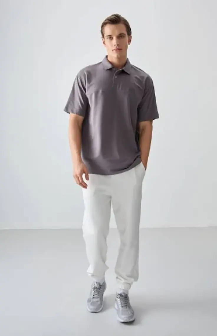 Air Jones Siyah Pamuklu Kalın Yumuşak Dokulu Polo Yaka Oversize Fit Basic Erkek T- Shirt - 88382