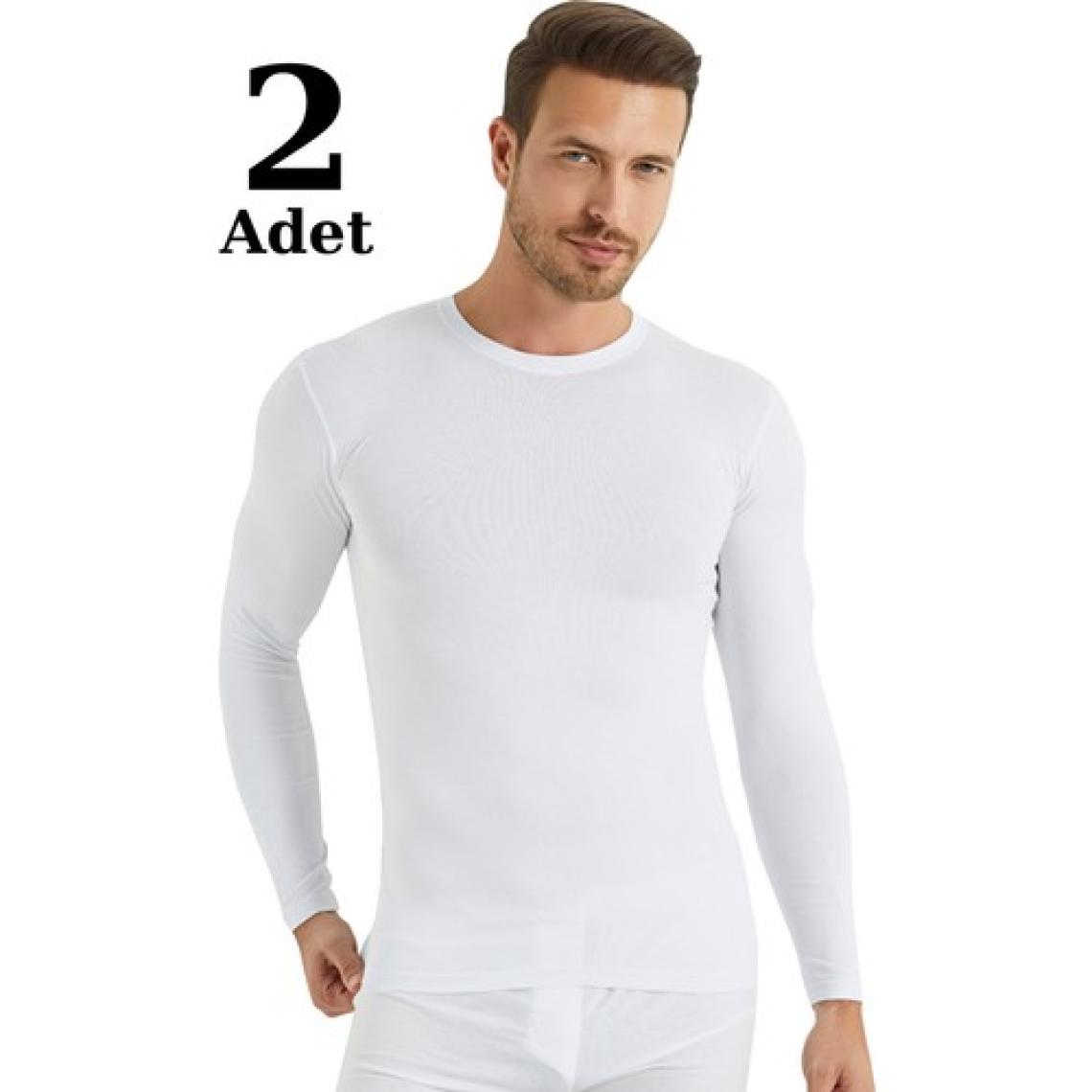 Beyaz Erkek Regular Fit Bisiklet Yaka Uzun Kollu Tişört 2'li Paket %100 Pamuk