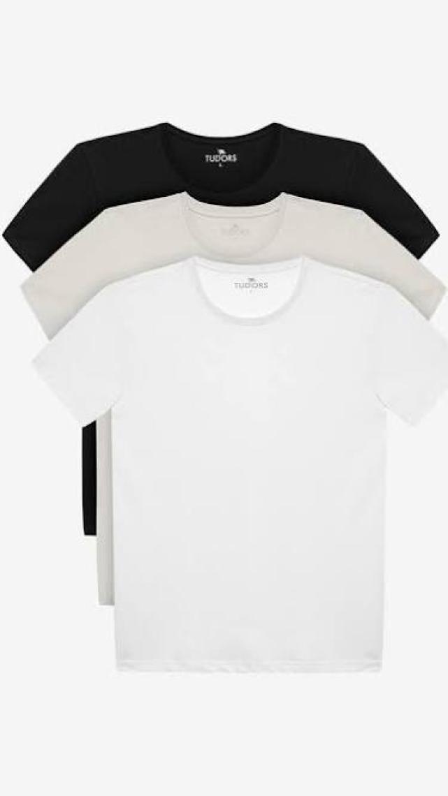 Tudors Unisex 3'lü Paket Siyah-Beyaz-Taş Rengi Slim Fit Dar Kesim %100 Pamuk Bisiklet Yaka Tişört