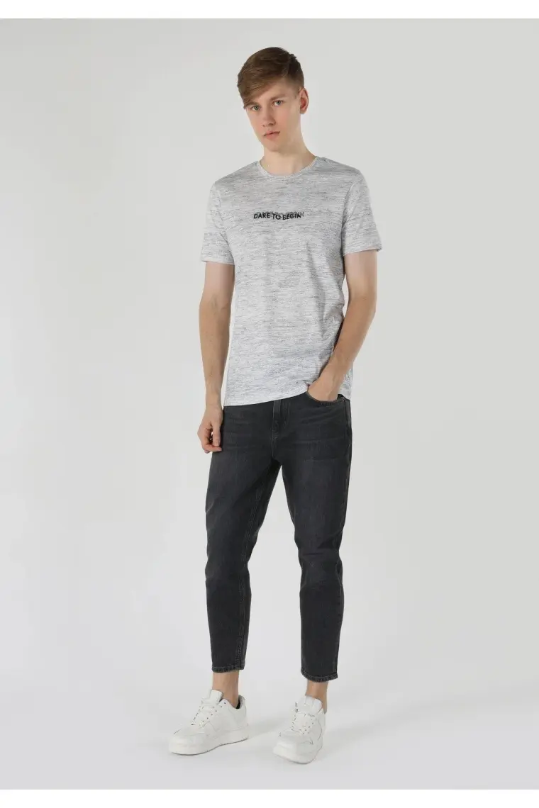 Regular Fit Yuvarlak Yaka  Erkek Gri Kısa Kol Tişört