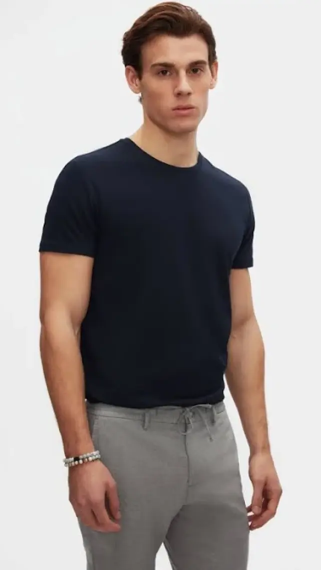 Slim Fit Lacivert Bisiklet Yaka %100 Pamuklu Nefes Alabilen T-shirt 4HC141996753M