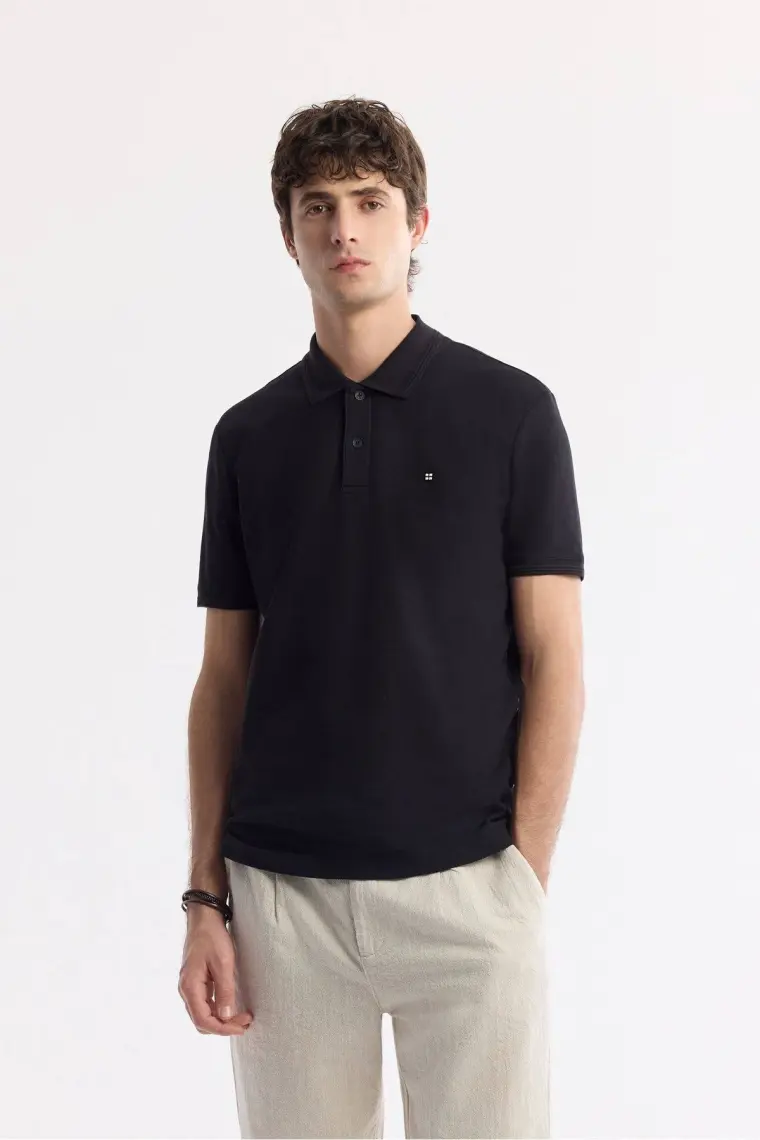 AVVA Erkek Siyah Regular Fit %100 Pamuk Hızlı Kuruyan Kıvrılmayan Polo Yaka T-shirt B001032