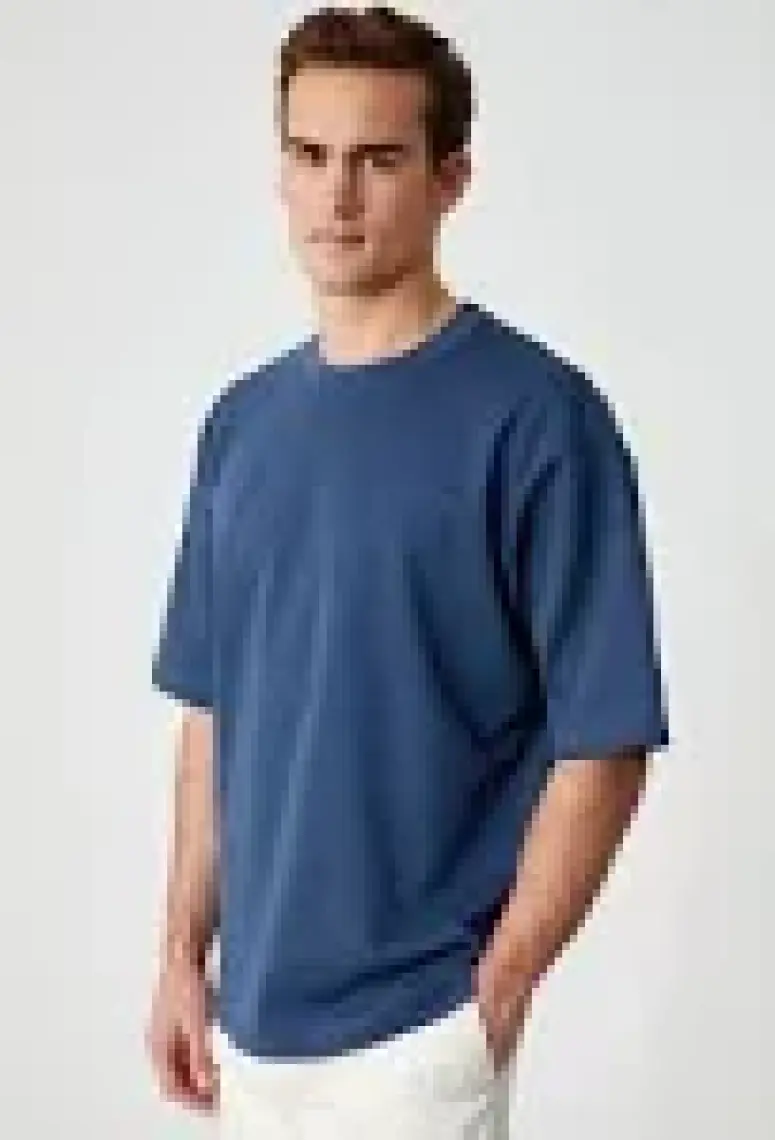 Grimelange Solo Erkek  Organik Pamuklu Kalın Dokulu Comfort Fit Bisiklet Yakalı Navy T-Shirt