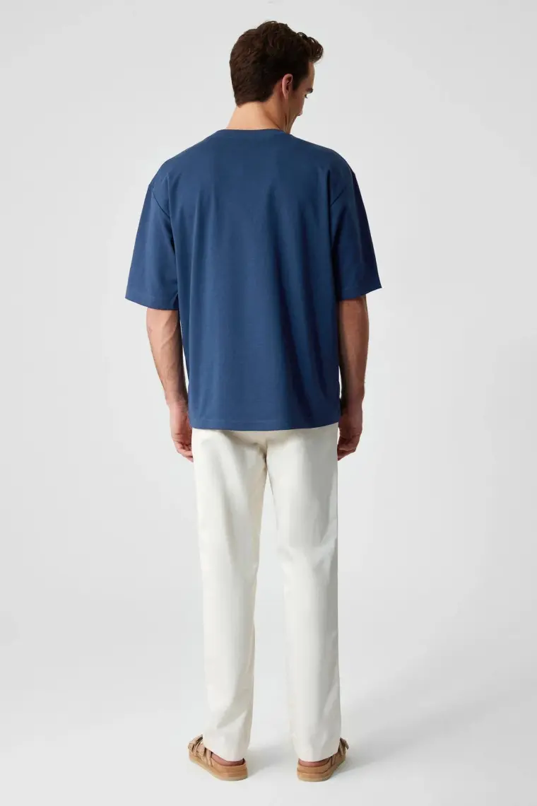 Grimelange Solo Erkek  Organik Pamuklu Kalın Dokulu Comfort Fit Bisiklet Yakalı Navy T-Shirt