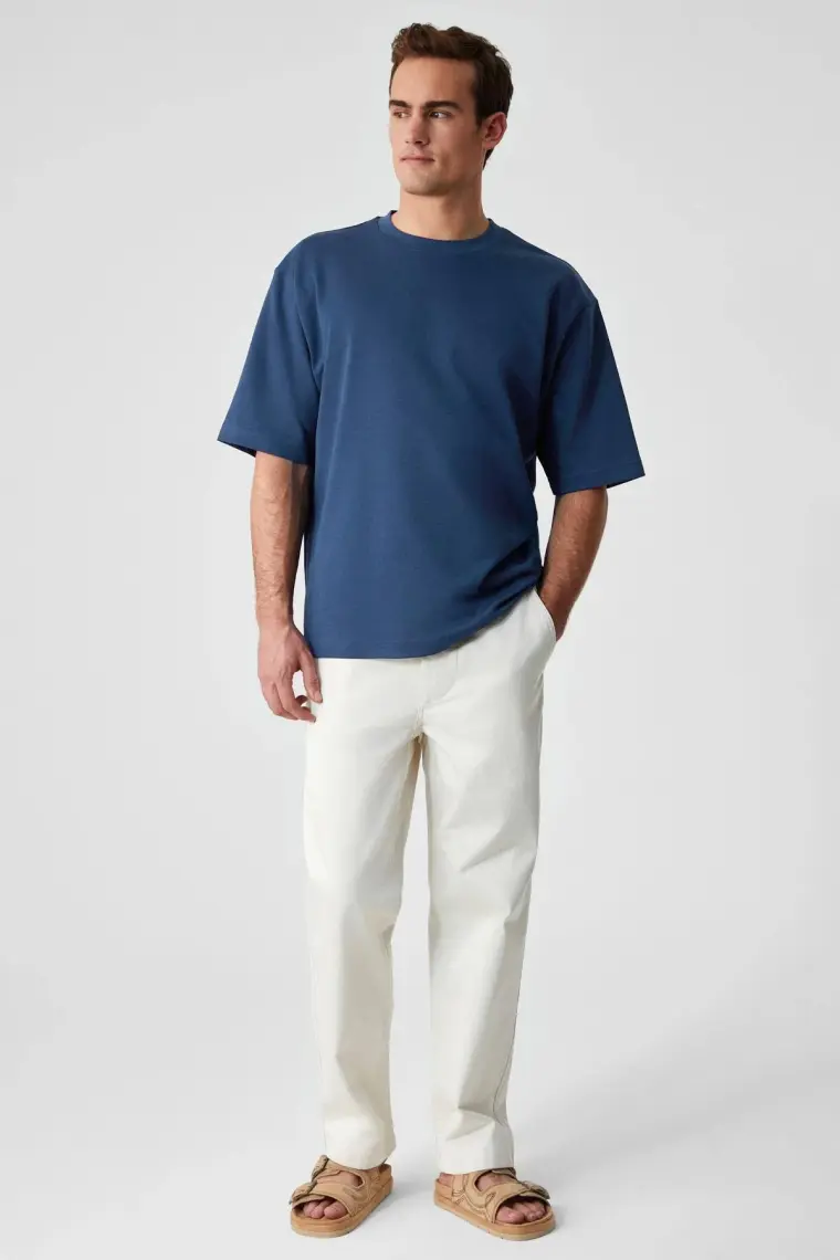 Grimelange Solo Erkek  Organik Pamuklu Kalın Dokulu Comfort Fit Bisiklet Yakalı Navy T-Shirt