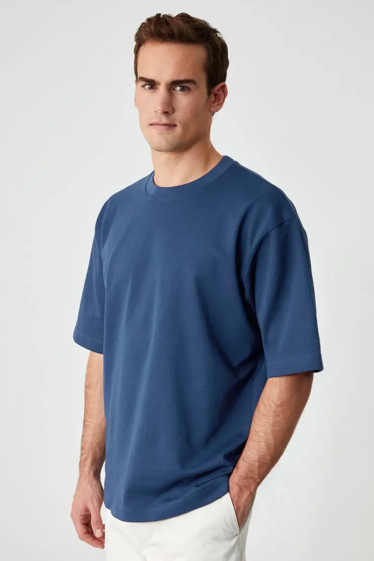 Grimelange Solo Erkek  Organik Pamuklu Kalın Dokulu Comfort Fit Bisiklet Yakalı Navy T-Shirt