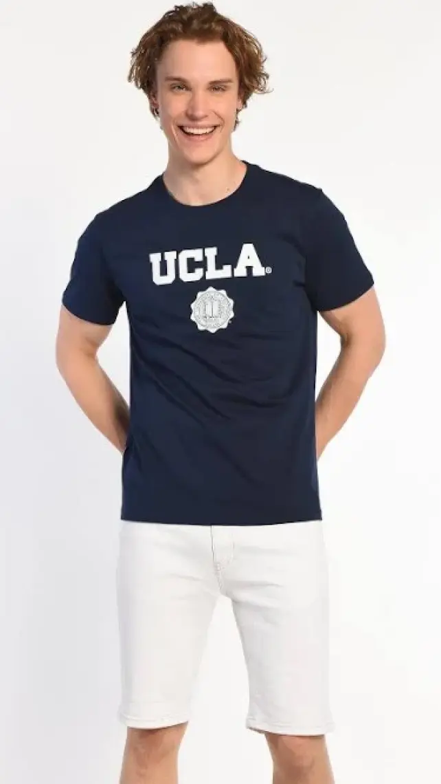 GAYLEY Koyu Lacivert Bisiklet Yaka Baskılı Erkek Tshirt