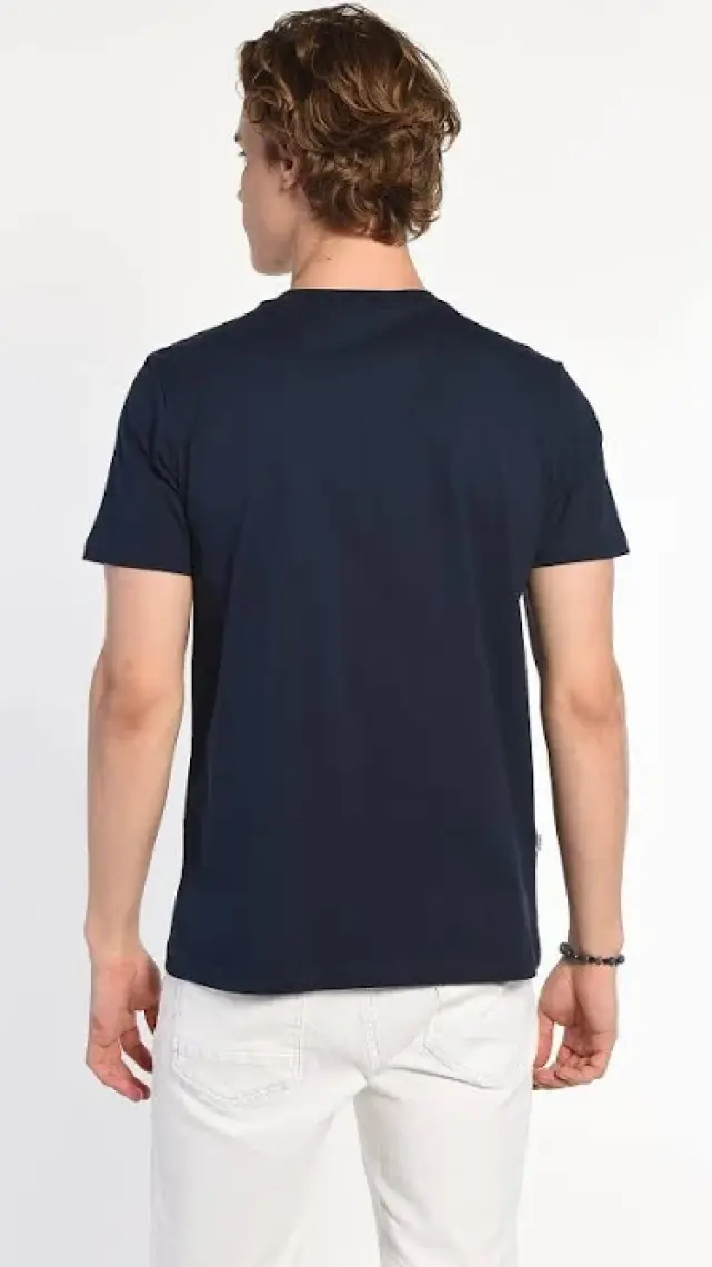 GAYLEY Koyu Lacivert Bisiklet Yaka Baskılı Erkek Tshirt