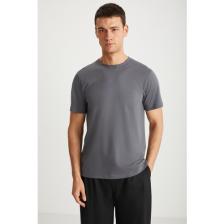 Grimelange MICHEL Erkek Slim Fit Dar Kesim %100 Organik Pamuklu Basic Örme Koyu Gri T-Shirt