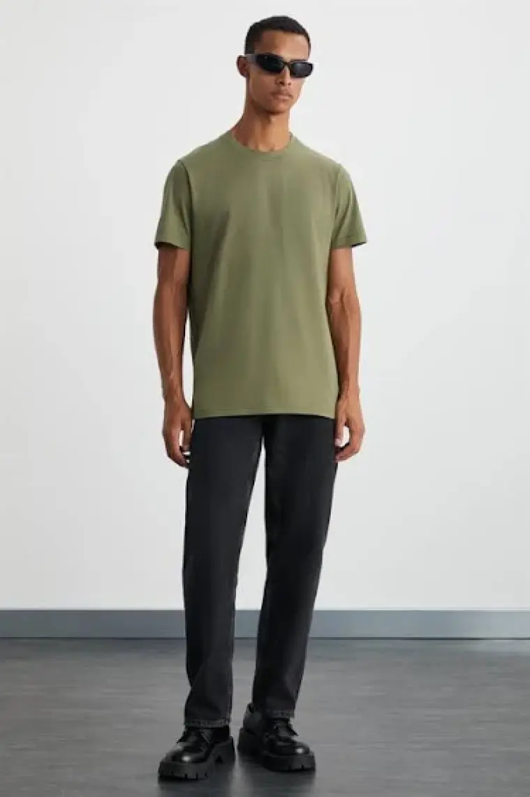 Mıchel Erkek Slim Fit Dar Kesim %100 Organik Pamuklu Yana Kayan Dikişli Basic Örme Haki T-shirt
