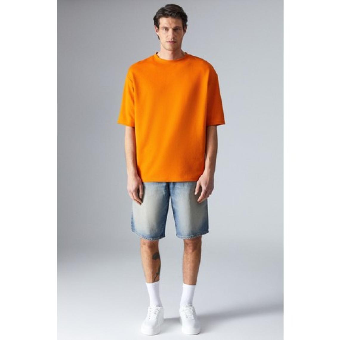 Grimelange Joel Erkek  Pamuklu Kalın Kumaşlı Özel Dokulu Etiket Detaylı Oversize Turuncu T-Shirt