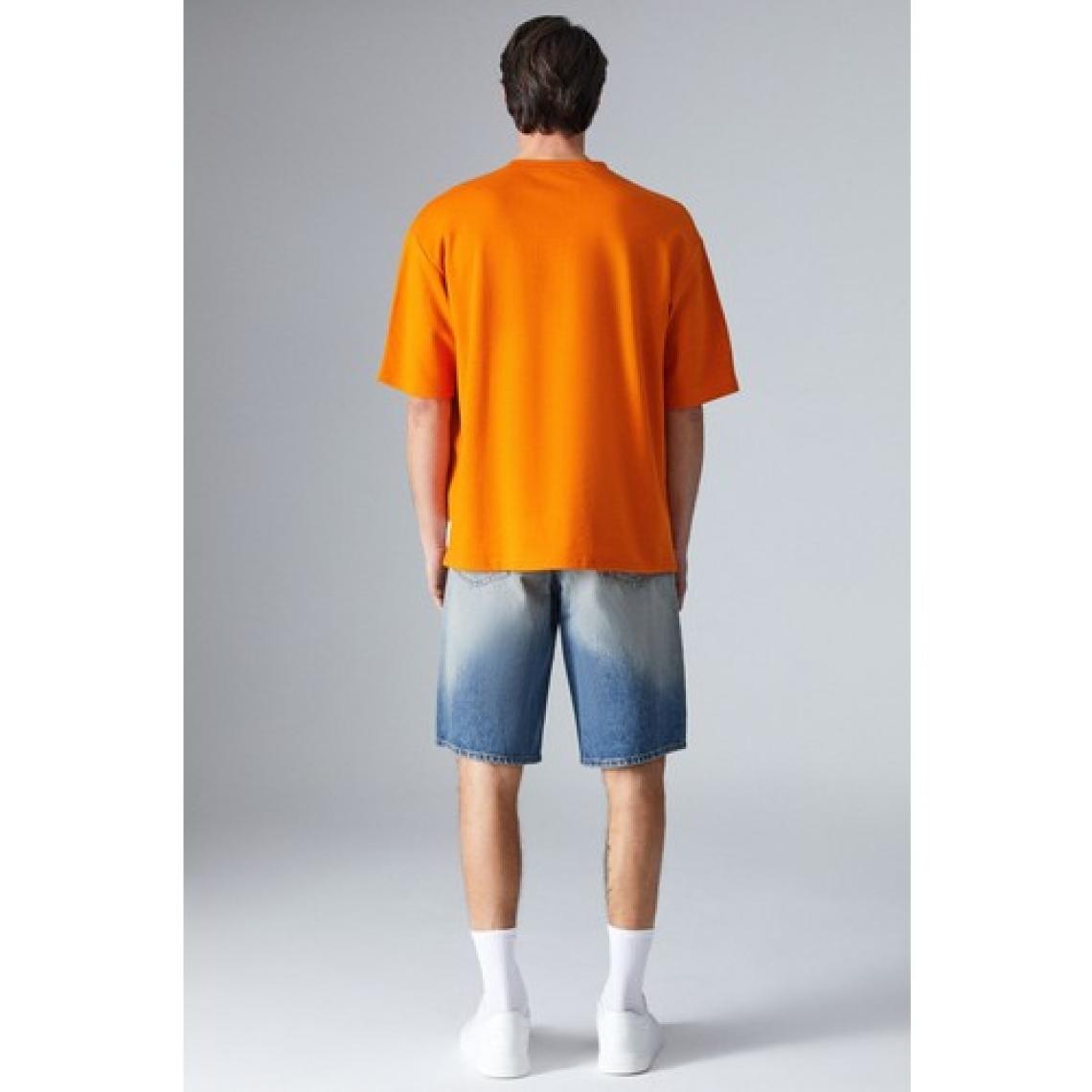 Grimelange Joel Erkek  Pamuklu Kalın Kumaşlı Özel Dokulu Etiket Detaylı Oversize Turuncu T-Shirt