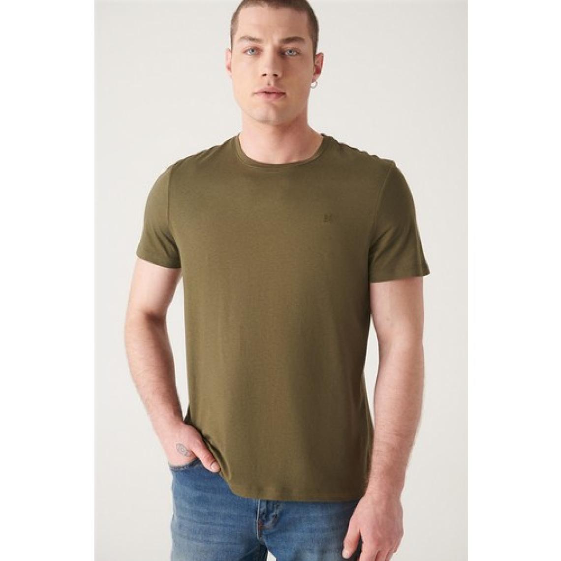 AVVA Erkek Haki Soft Touch Bisiklet Yaka Düz Modal T-shirt B001171