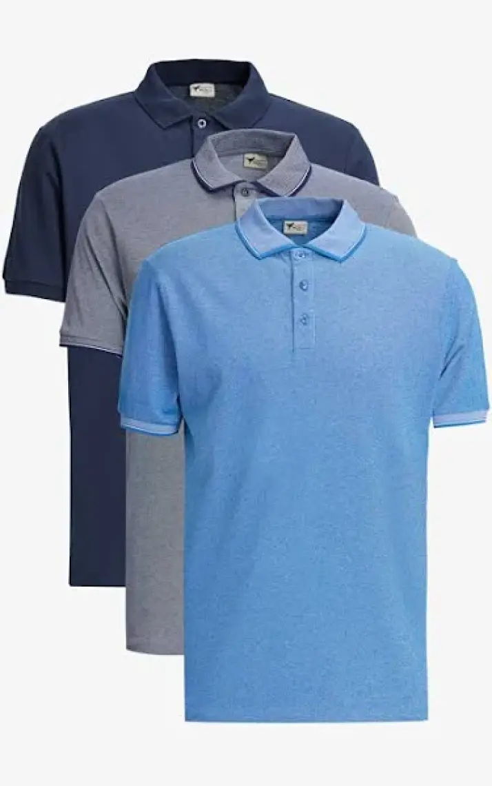 Altınyıldız Classics Erkek Açık Lacivert-Saks-Lacivert 3'lü Çekmeyen Pamuklu Slim Fit Kıvrılmaz Polo Yaka Tişört